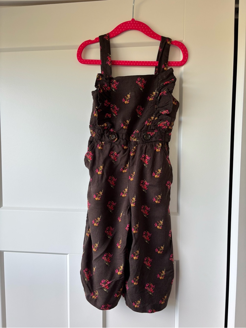 Something Navy Brown Floral Ruffle-Strap Overalls
